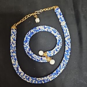 Elegant Blue and White Beaded Necklace and Bracelet Set